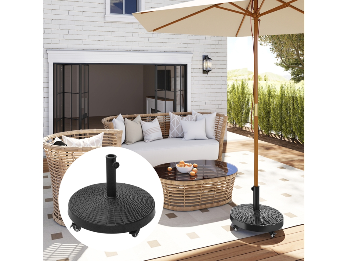 Base para Chapéu de Sol S/MARCA, redonda, Ø52cm, com rodas, peso 22,7kg, compatível com mastros Ø38mm e Ø48mm, preto