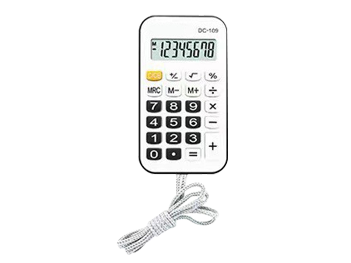 Calculadora de bolso mini e portátil para estudantes, escola e escritório com cabo preto.