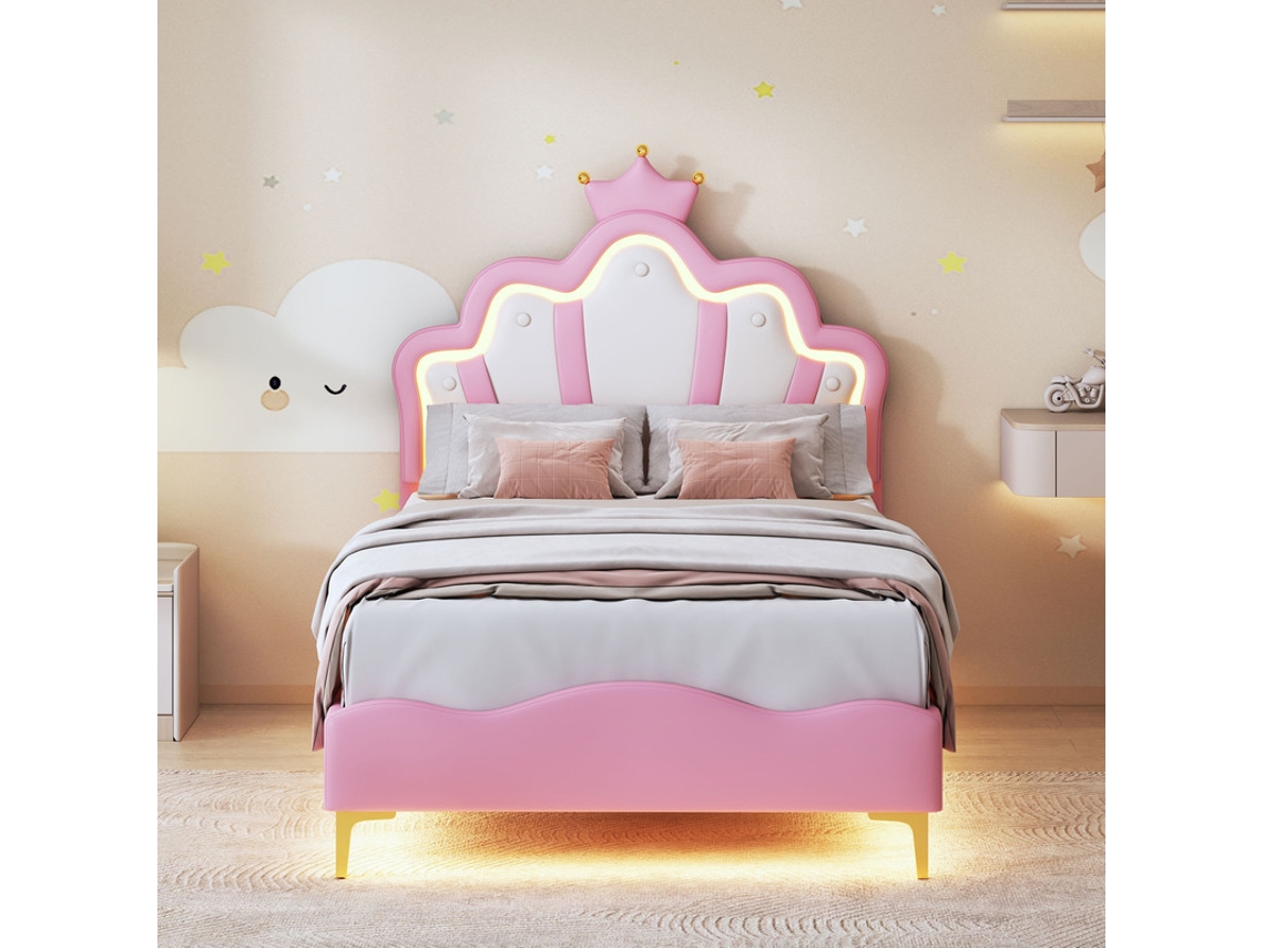 Cama Infantil De Princesa Veyrixan 90x200 Rosa Solteiro Para Menina, Com Coroa, Luzes Led Rgb E Couro Pu Estofado - 150kg