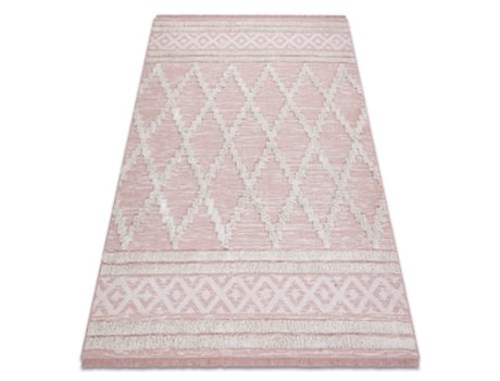 Tapete Eco Sizal Boho Moroc Diamantes 22297 Franjas - Dois Níveis de Lã Cinza Rosa/Creme, Tapete Reciclado (117 x 170 cm)
