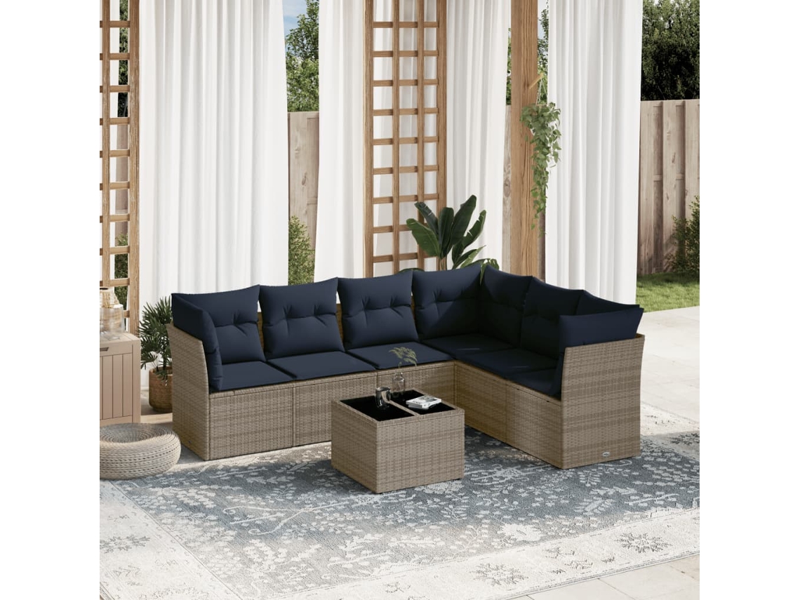 Vidaxl Conjunto De Sofá De Jardim Com 7 Peças E Almofadas Em Rattan Sintético Cinza