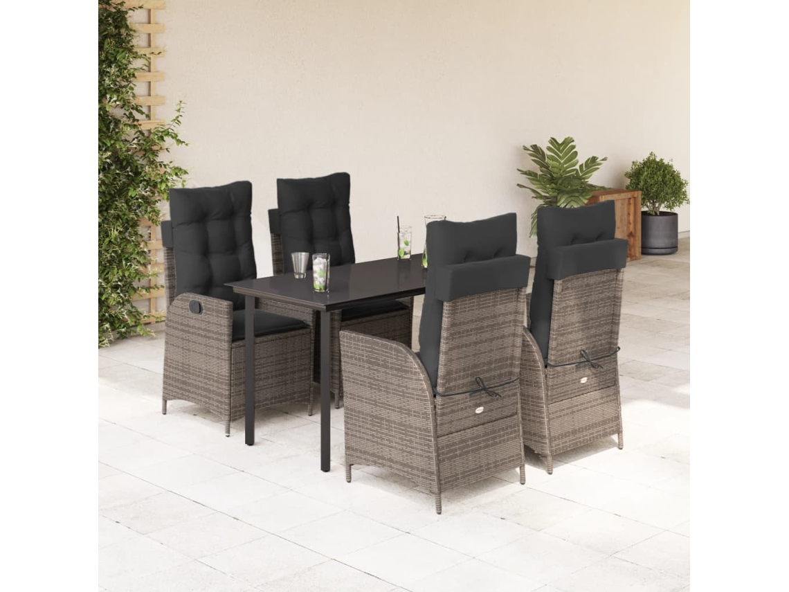 Vidaxl 5 Pcs Conjunto De Jantar P/ Jardim C/ Almofadões Vime Pe Cinza