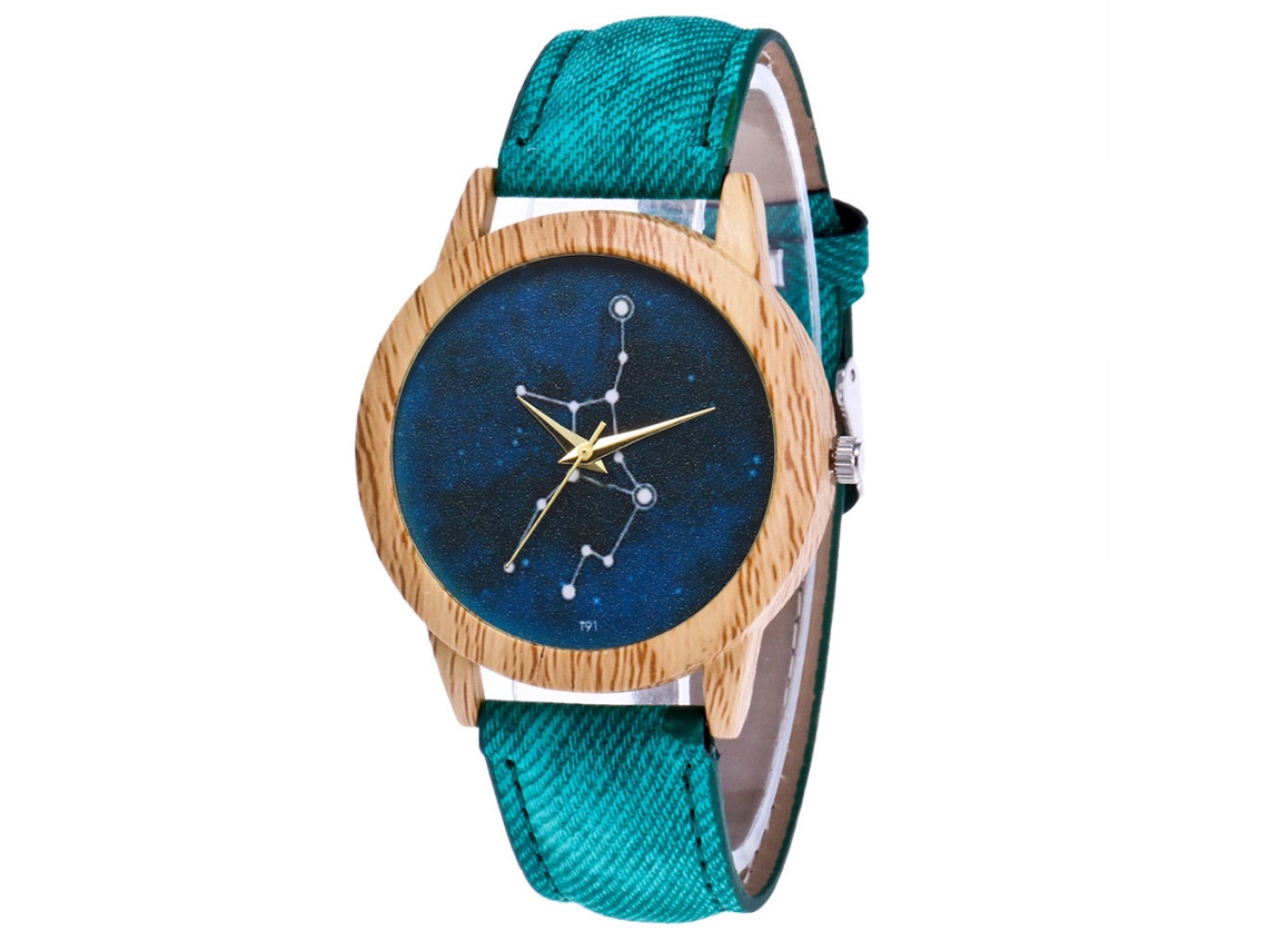 Relógio de pulso casual Zhoulianfa com pulseira de jeans verde e movimento de quartzo.