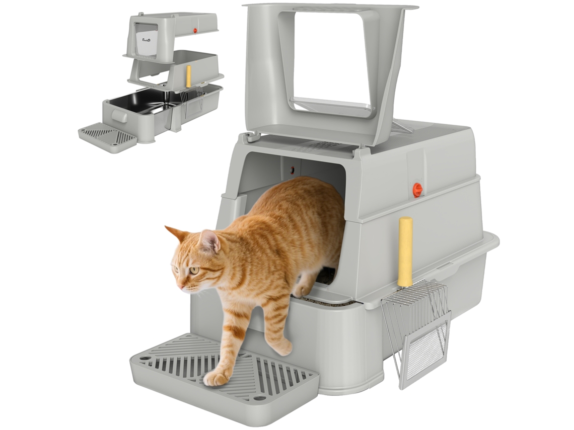 Caixa de areia para gatos, aço inoxidável, XL, com tampa articulada 180°, laterais altas, pedal, pá, 63x43x43 cm, cinza | S/MARCA