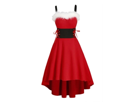 Roupas de Natal com Gola de Pele Fora Do Ombro Laço na Cintura Vestido com Suspensório M