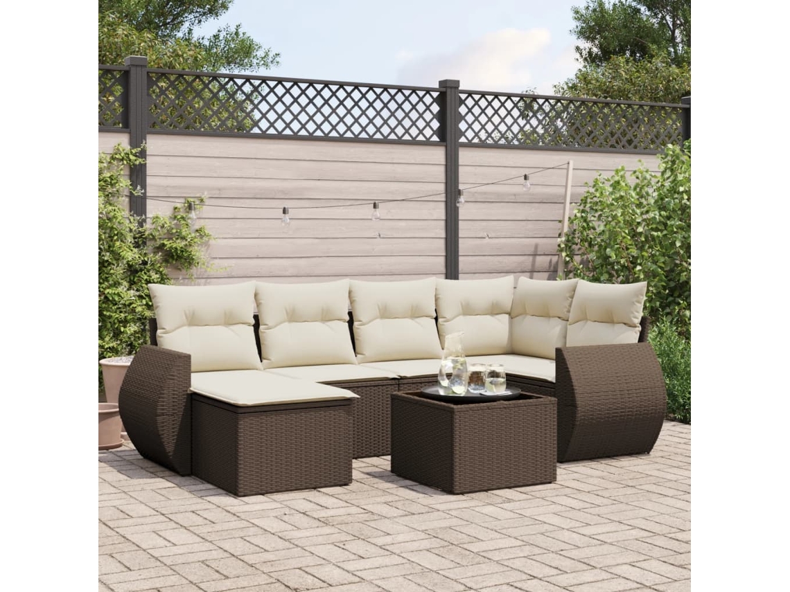 Vidaxl 7 Pcs Conjunto De Sofás Jardim C/ Almofadões Vime Pe Castanho