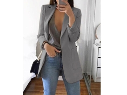 Blazer Para Mulher De Escritório Com Lapela E Manga Longa Casual De Fibra De Poliéster Até A Cintura S Gris