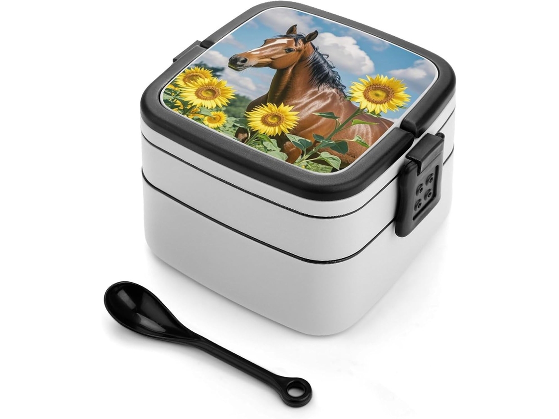 Lancheira Bento Com Estampa De Cavalo E Girassol, Grande Capacidade, Dupla Camada, Empilhável, À Prova De Vazamentos