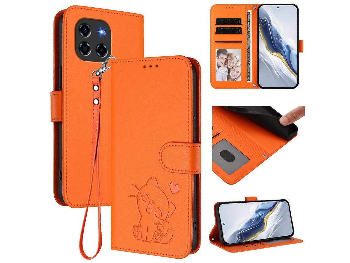 Capa De Couro Para Celular Com Estampa De Coração De Gato E Alça De Mão