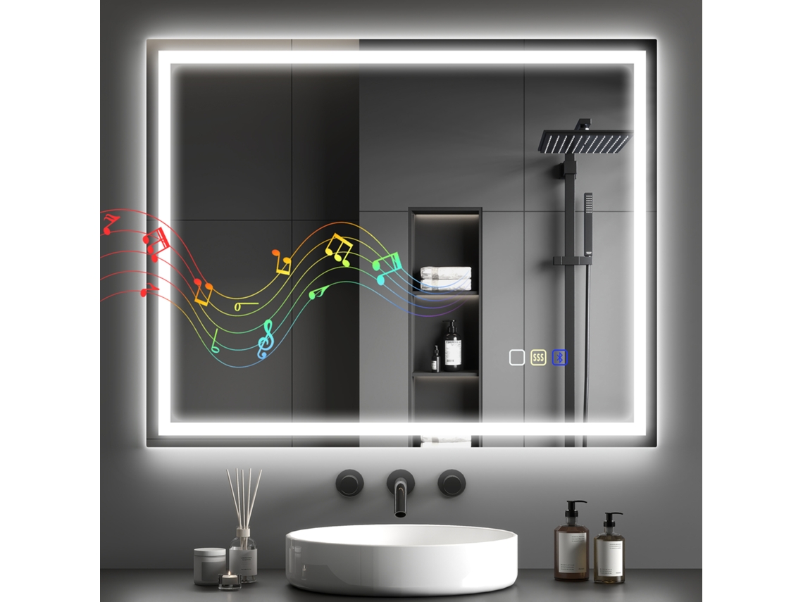 Espelho De Parede Com Led E Bluetooth 100x80 Cm, 3 Cores E Brilho Ajustável, Memória, Antiembaçante, Toque, Horizontal/vertical.