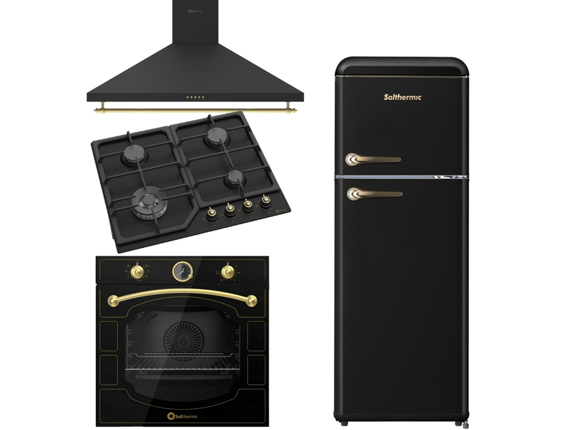 Pack Combinado Solthermic Fogão A Gás Sa022w Preto Forno Elétrico Preto Exaustor 60 Preto Frigorífico Retro 1,47 Preto
