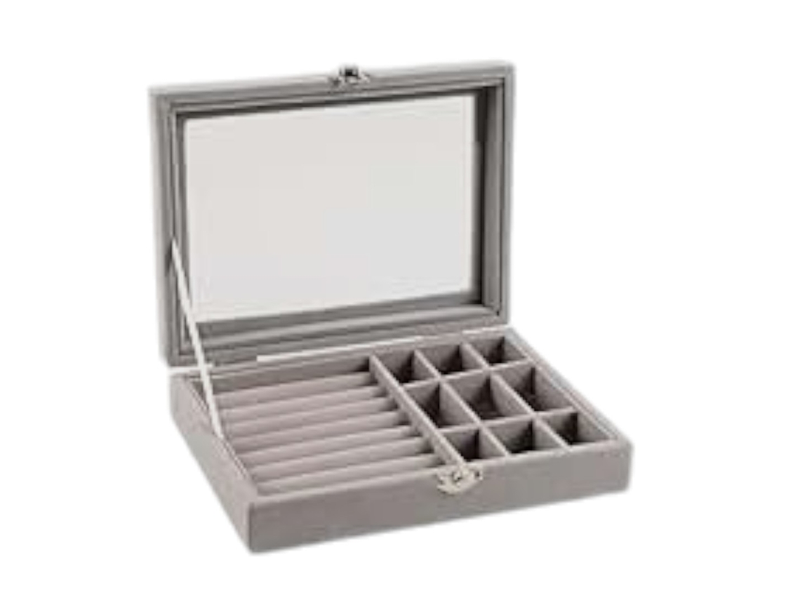 Caixa De Jóias 1 Pulseira E 9 Anéis E Brincos Plástico 20 X 15 X 5 Cm Cinza Tampa Transparente