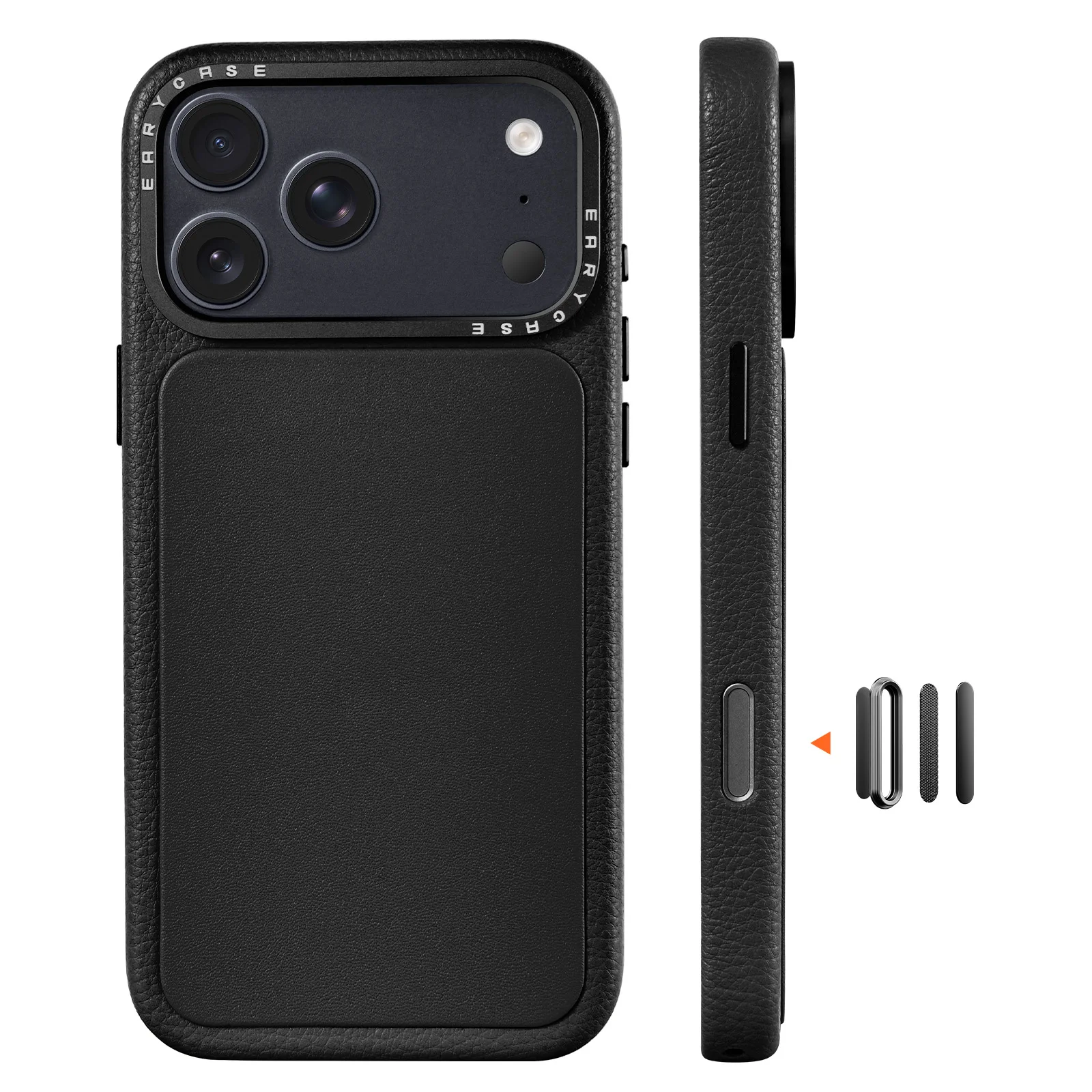 Capa Para Iphone 17 Pro Max Preta Em Couro Genuíno, Com Design Magnético E Compartimento Para Os Controles Da Câmera.