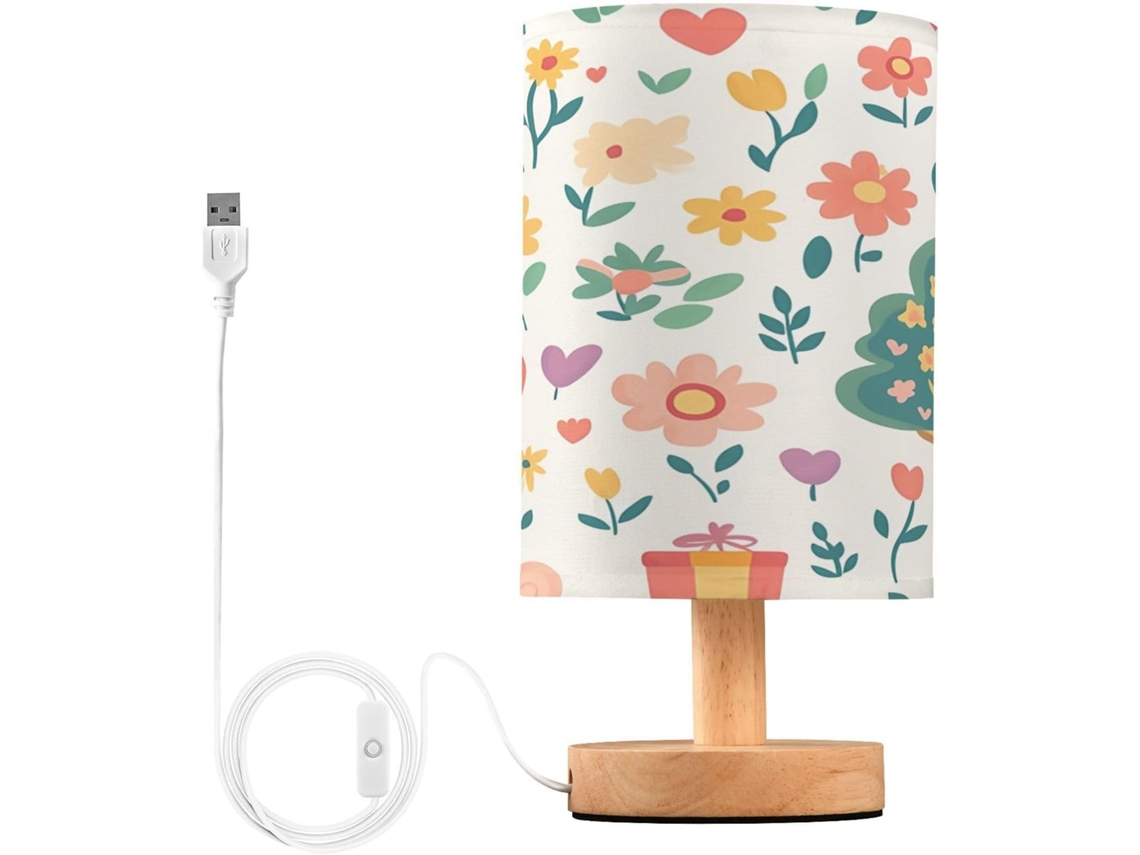 Abajur De Cabeceira Led Com Flores E Árvores Para Quarto, Luminária De Leitura Com Cúpula Tecido, Base De Madeira E