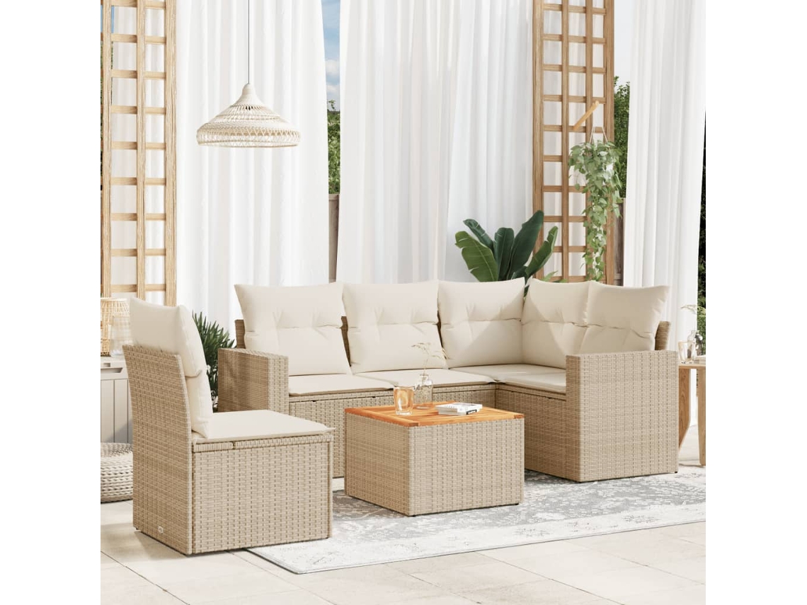 Vidaxl 6 Pcs Conjunto De Sofás P/ Jardim Com Almofadões Vime Pe Bege