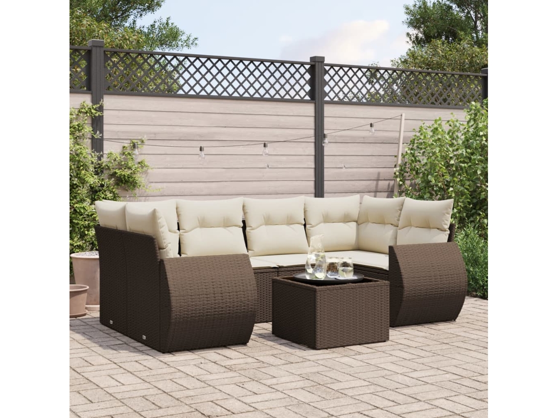 Vidaxl 7 Pcs Conjunto De Sofás Jardim C/ Almofadões Vime Pe Castanho