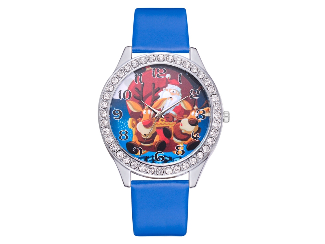 Relógio de quartzo feminino moderno com strass e pulseira de couro PU, azul.