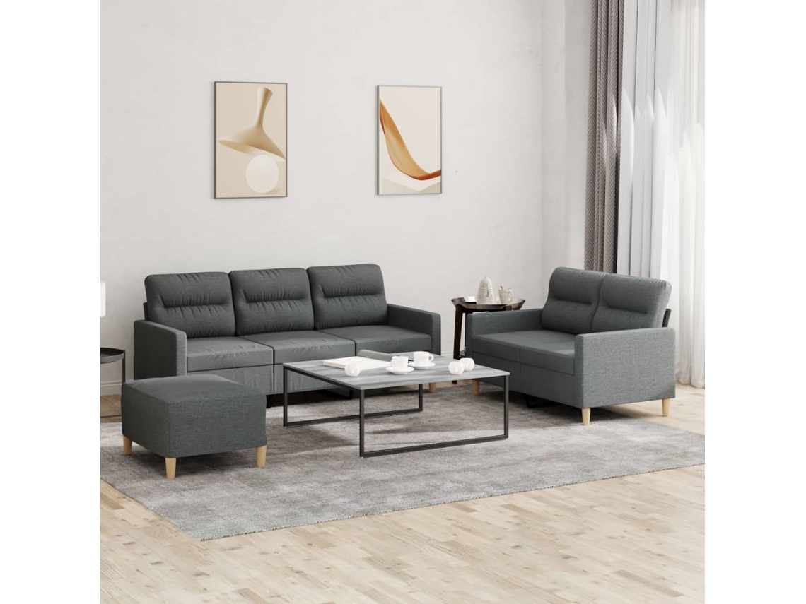 Vidaxl 3 Pcs Conjunto De Sofás Com Almofadões Tecido Cinzento-escuro