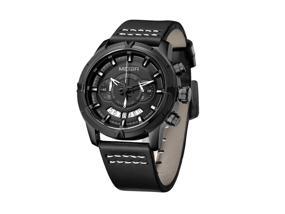 Relógio masculino casual de couro Megir, relógio analógico de quartzo com mostrador preto.