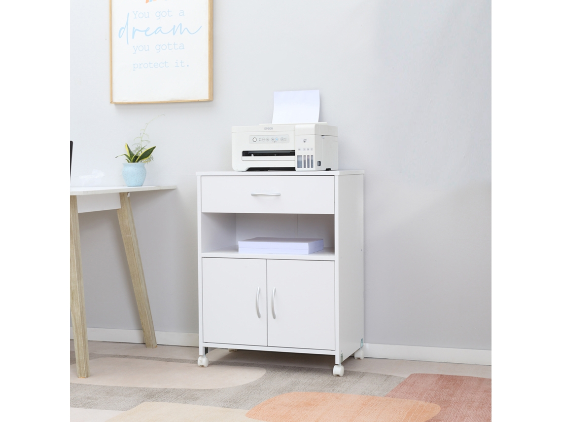 Armário De Impressora Com Rodas Gaveta 2 Portas E Prateleira 60x39x80 Cm Branco Para Escritório