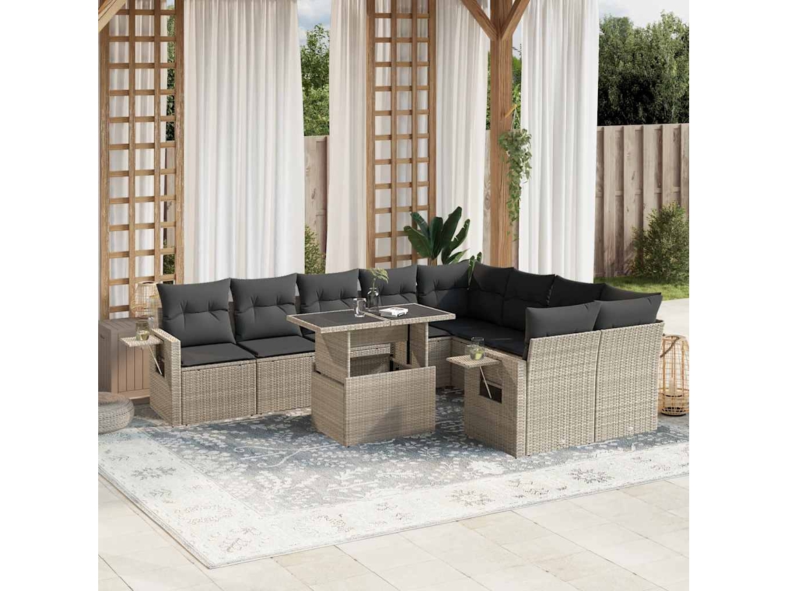 Vidaxl 10 Pcs Conj. Sofás Jardim Com Almofadões Vime Pe Cinzento-claro