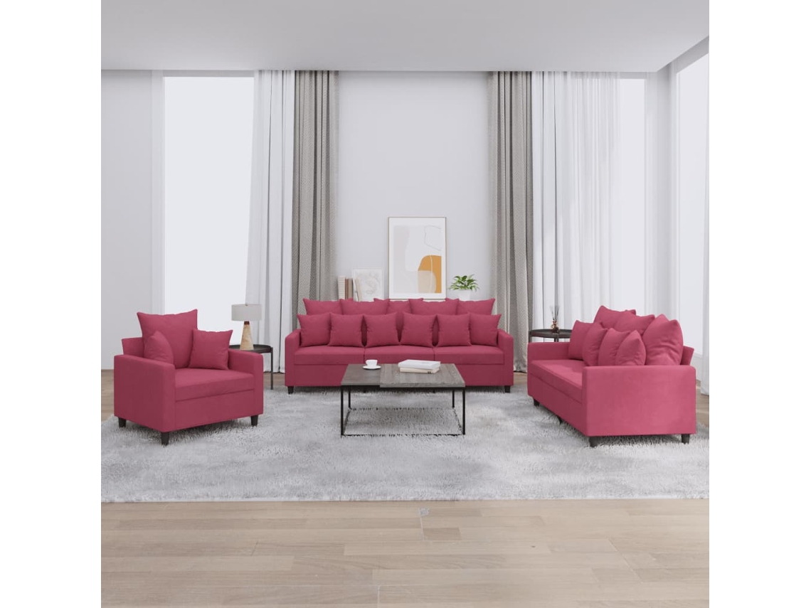 Vidaxl 3 Pcs Conjunto De Sofás Com Almofadões Veludo Vermelho Tinto
