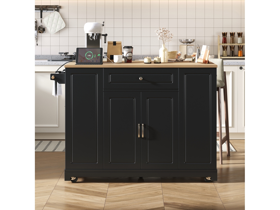 Ilha De Cozinha Com Rodízios E Área De Jantar Extensível,móvel Multifuncional Ideal Para Cozinha E Sala De Jantar Na Cor Preta Mega Echo Trade Shop