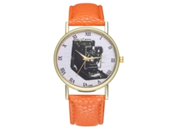 Relógio de pulso analógico de quartzo estilo clássico com pulseira de PU para mulheres e homens (laranja)