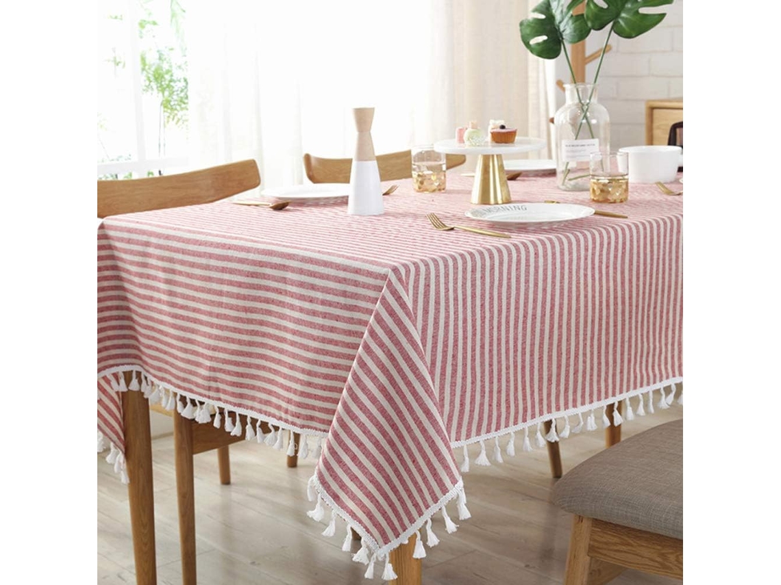 Toalha De Mesa Listrada De Algodão E Linho Com Franjas, Resistente A Manchas/poeira