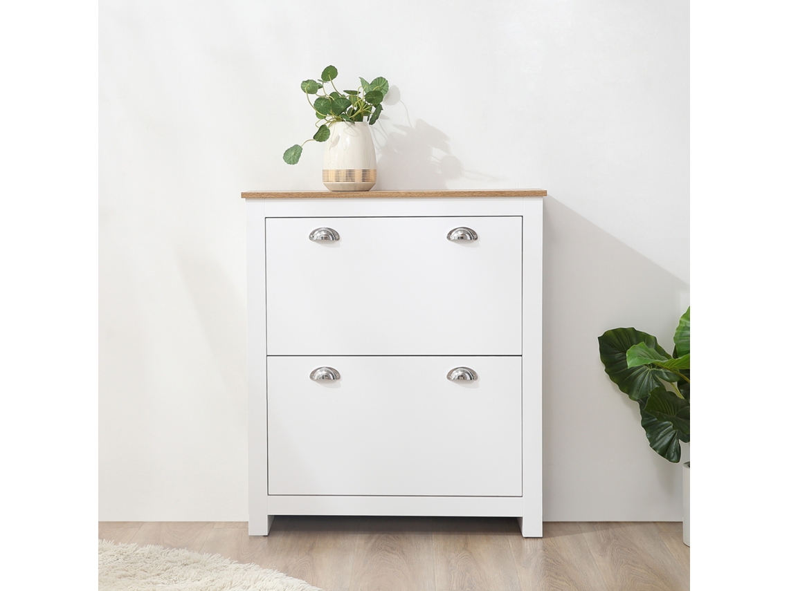 Sapateira branca estreita, 79x23x90,5cm, com 2 gavetas abatíveis e prateleiras ajustáveis