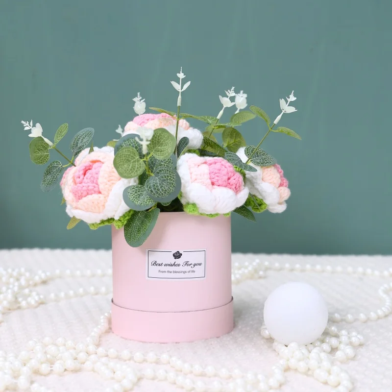 (rosa) Arranjo Criativo De Crochê Feito À Mão Em Balde Para Decoração De Mesa, Presente De Aniversário