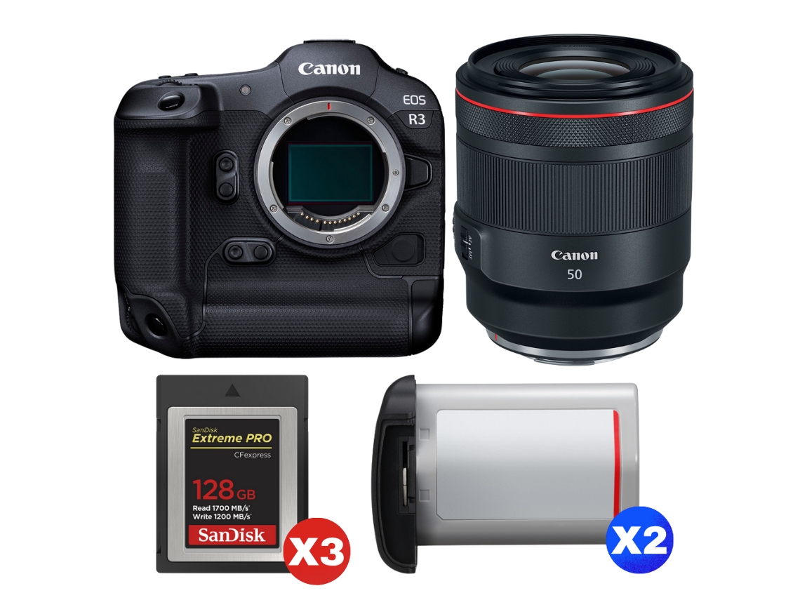 Eos R3 + Rf 50mm F/1.2 L Usm + 3 Sandisk 128gb Extreme Pro Cfexpress Type B + 2 Canon Lp e19 + Ebook “20 Dicas para Fotos Que Impressionam” CANON