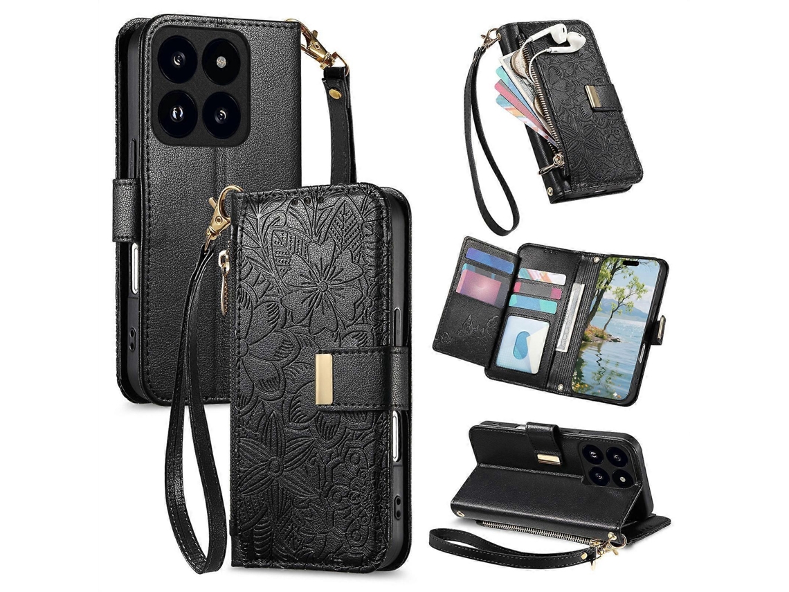 Capa Carteira De Couro Com Zíper, Estampa De Flores E Folhas, Com Alça, Para Xiaomi 14t Pro