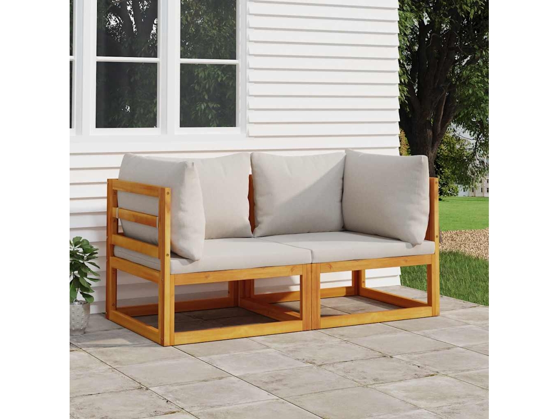 Vidaxl Sofás De Canto 2 Pcs Acácia Maciça C/ Almofadões Cinza-claro