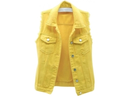 2026-chaleco Vaquero Corto Para Mujer Sin Mangas Con Botones Y Rasgaduras Casual Hys Pequeño Amarillo