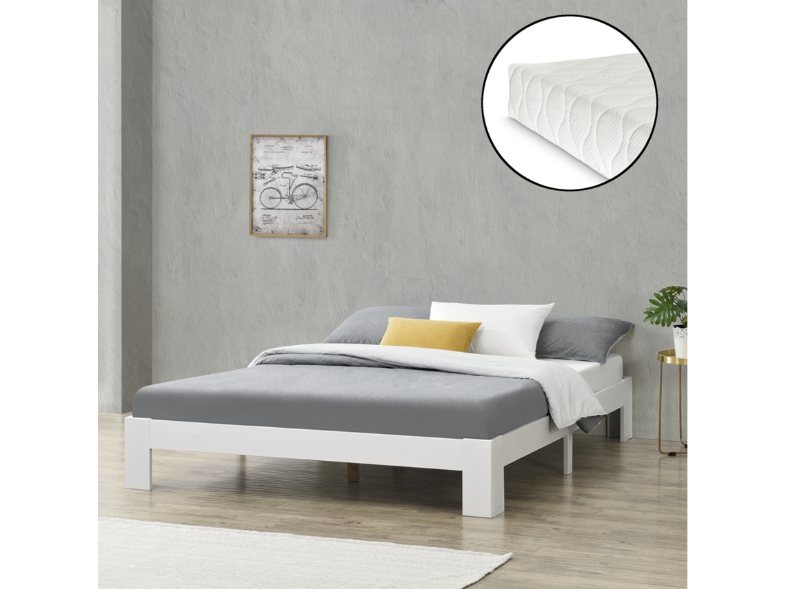 Cama de Casal Colchão [EN.CASA] (204 x 184 x 30 cm - Madeira de Pinho - Branco)
