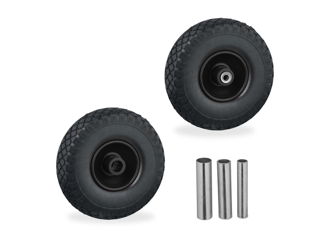 Conjunto De 2 Rodas Relaxdays, 3.00-4, Borracha Maciça, Jante De Aço, 3 Adaptadores, Roda Extra, Carrinho, Preto