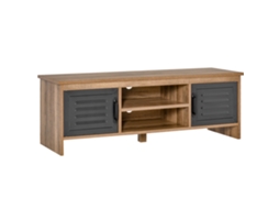 Móveis de Tv 109x35x38cm Madeira Natural e Cinza para Até 42 Polegadas, 2 Compartimentos Fechados e 2 Prateleiras Abertas. Ge