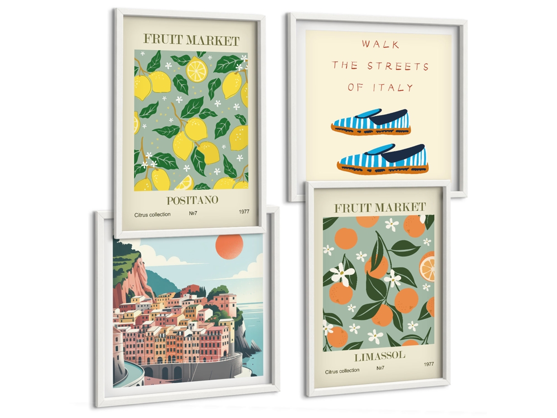 Composição De Quadros Frutas Tropicais Motivos Retro Espelharte (4 Peças)