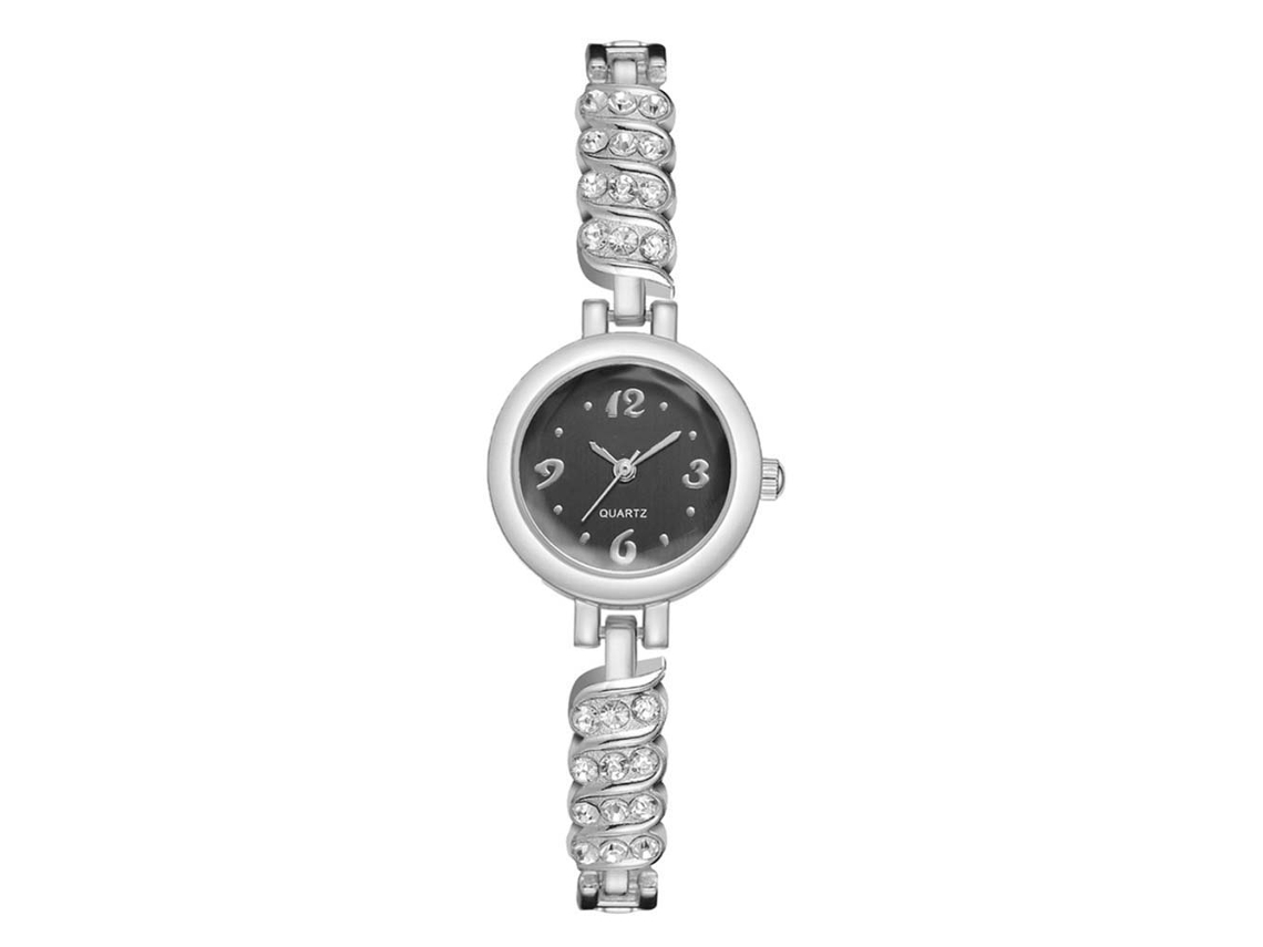 Relógio de Pulso Feminino Elegante Pulseira Bangle com Strass Movimento Quartzo Prata Branco