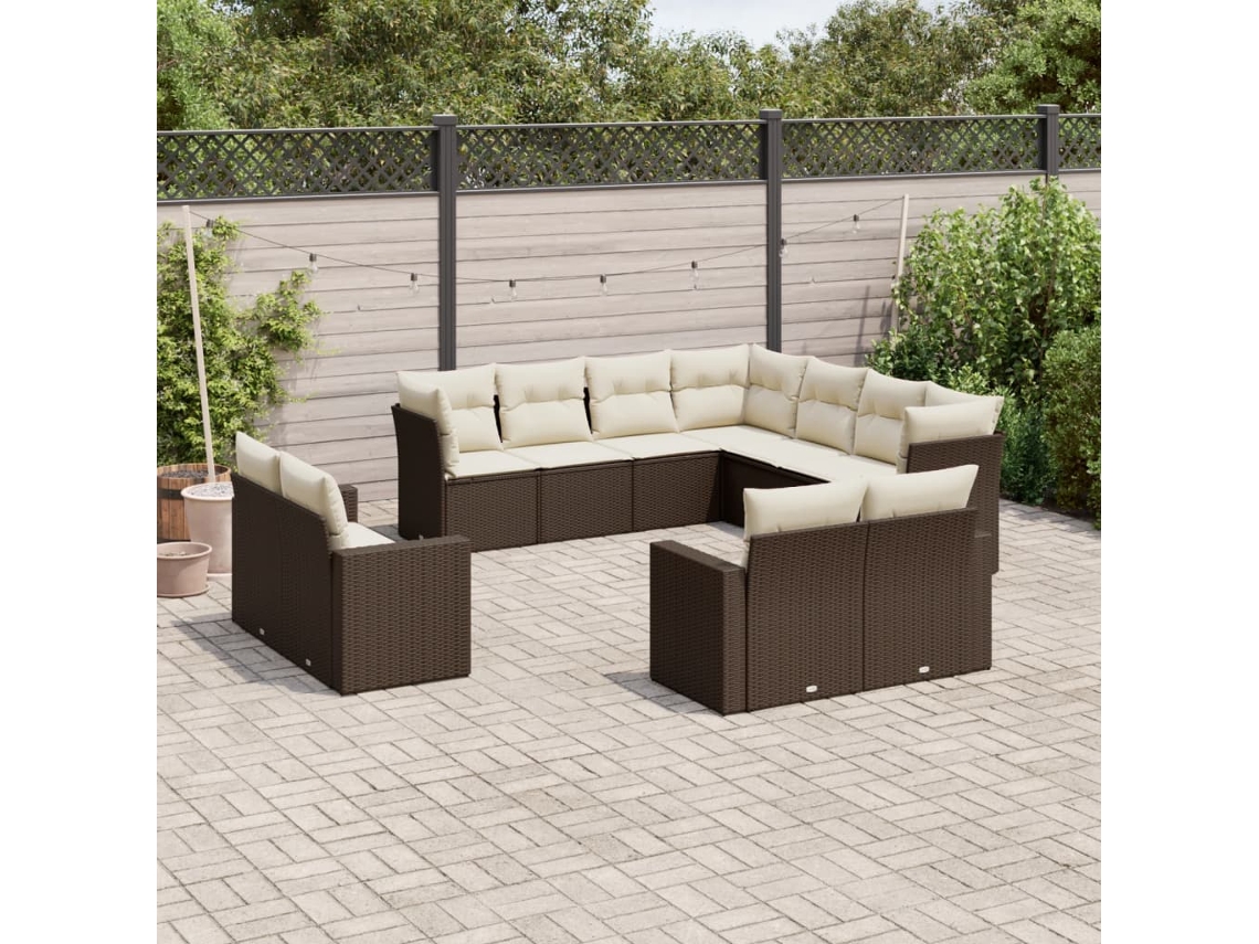 Vidaxl 11 Pcs Conjunto Sofás De Jardim C/ Almofadões Vime Pe Castanho