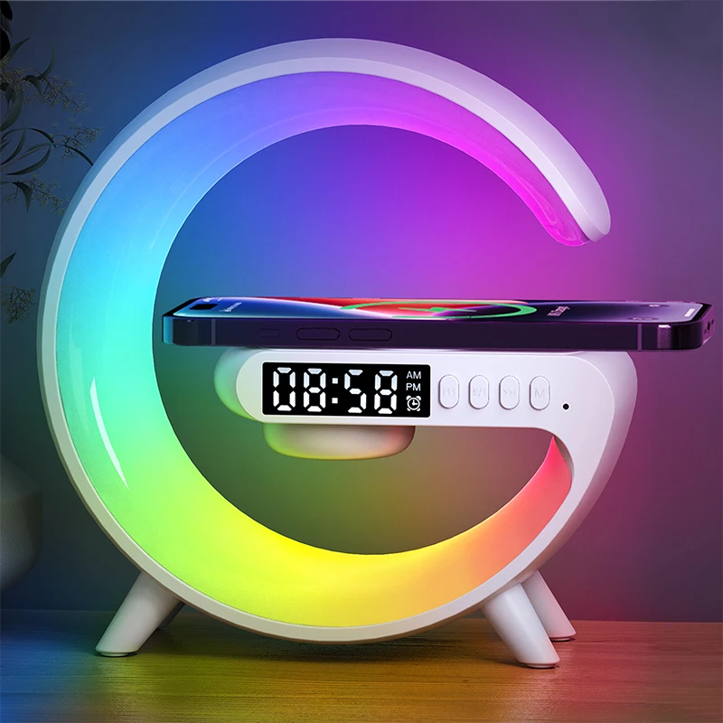 Luz noturna RGB com despertador, alto-falante Bluetooth e carregador sem fio 15 W