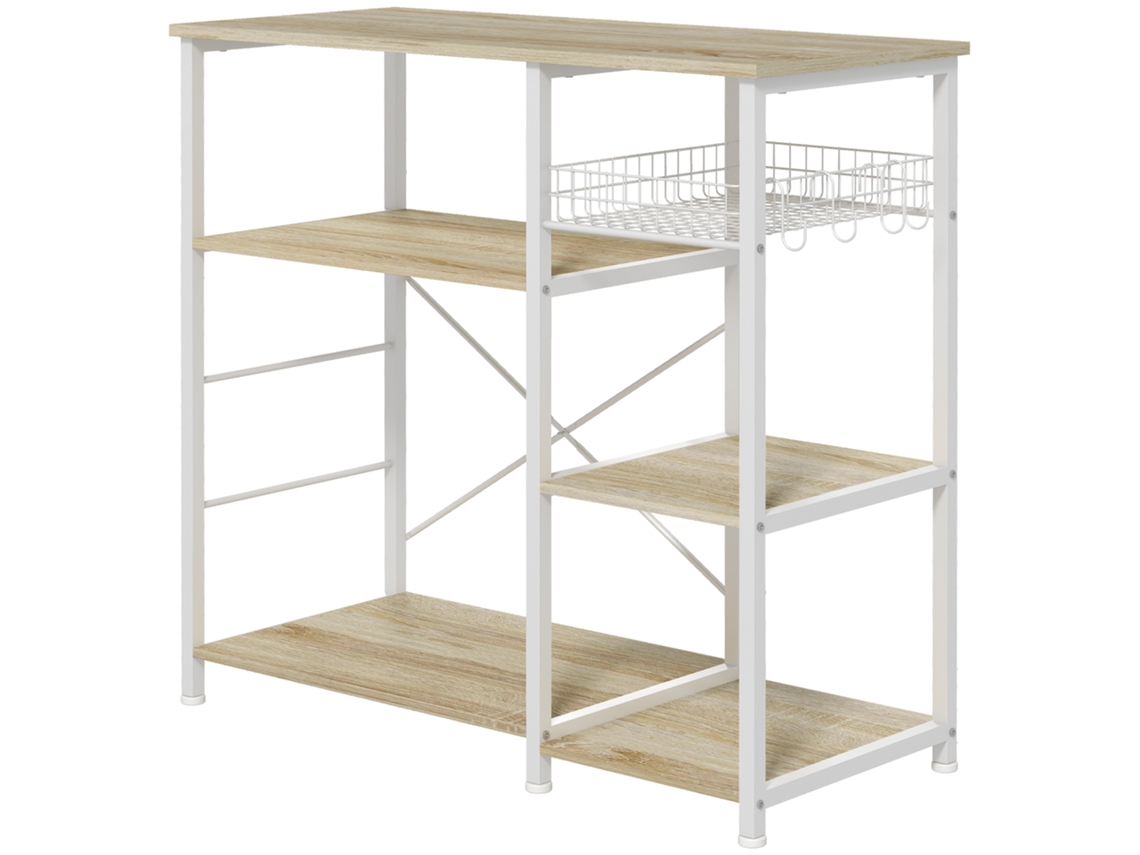 Estante De Cozinha Com 1 Cesto 4 Ganchos Em S 6 Pés Com Almofadas Ajustáveis E Prateleiras 90x40x84,5 Cm Carvalho E Branco