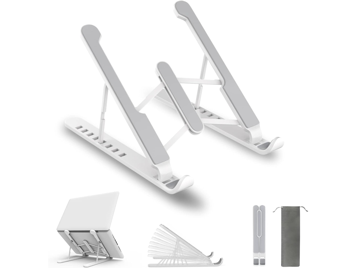 Suporte branco para laptop, ajustável em 8 níveis, Slowmoose, feito de liga de plástico e silicone antiderrapante.