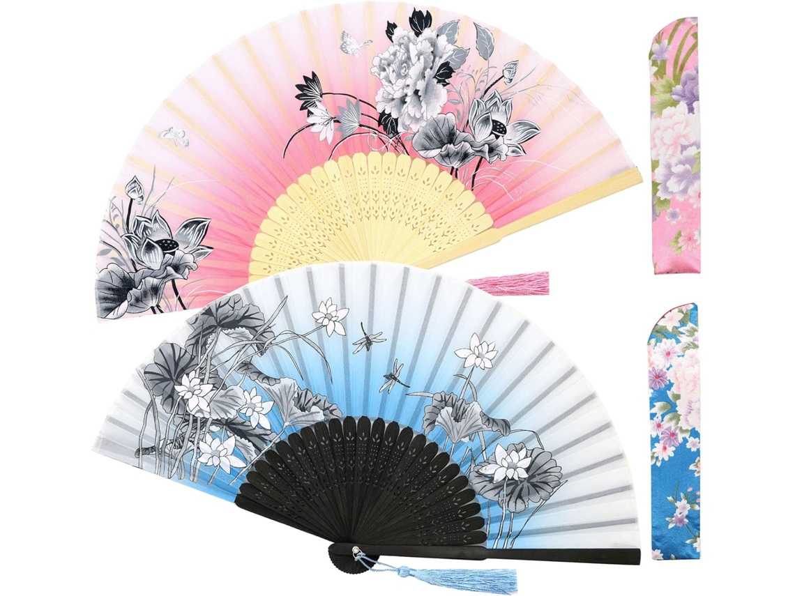Conjunto de 2 Leques Dobráveis Pequenos Vintage Chinês Japonês Bambu Seda Para Dança, Espetáculo, (0302)