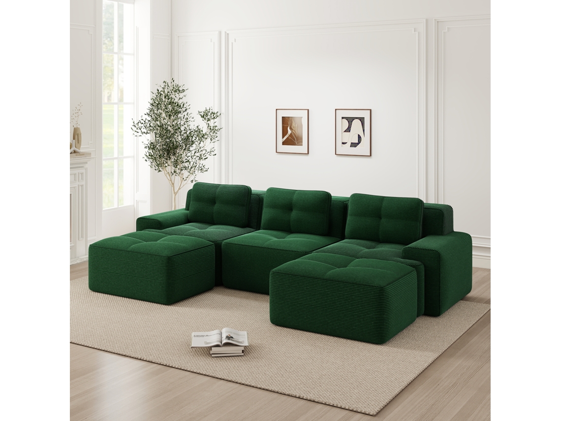 Sofá Modular Cloud U: 3lug Veludo Cotelê, C/ Puff. Sem Montagem. Verde.-kd