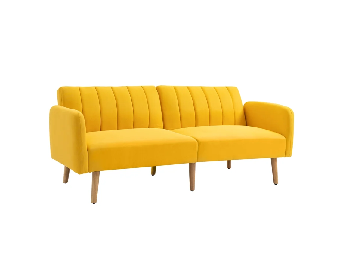 Sofá Cama 2 Lugares com Encosto Ajustável em 3 Posições, Apoios de Braços de Madeira 173x75x73cm Amarelo