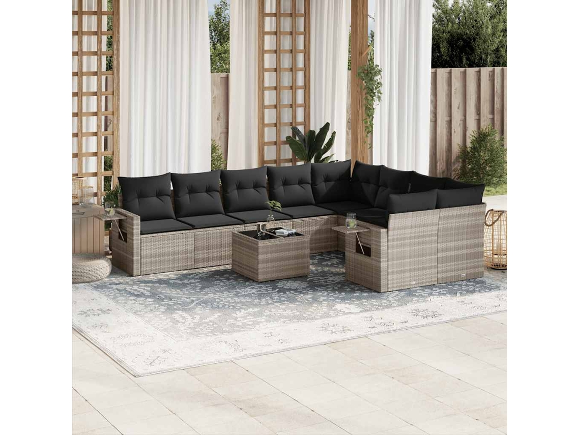 Vidaxl 10 Pcs Conj. Sofás Jardim Com Almofadões Vime Pe Cinzento-claro