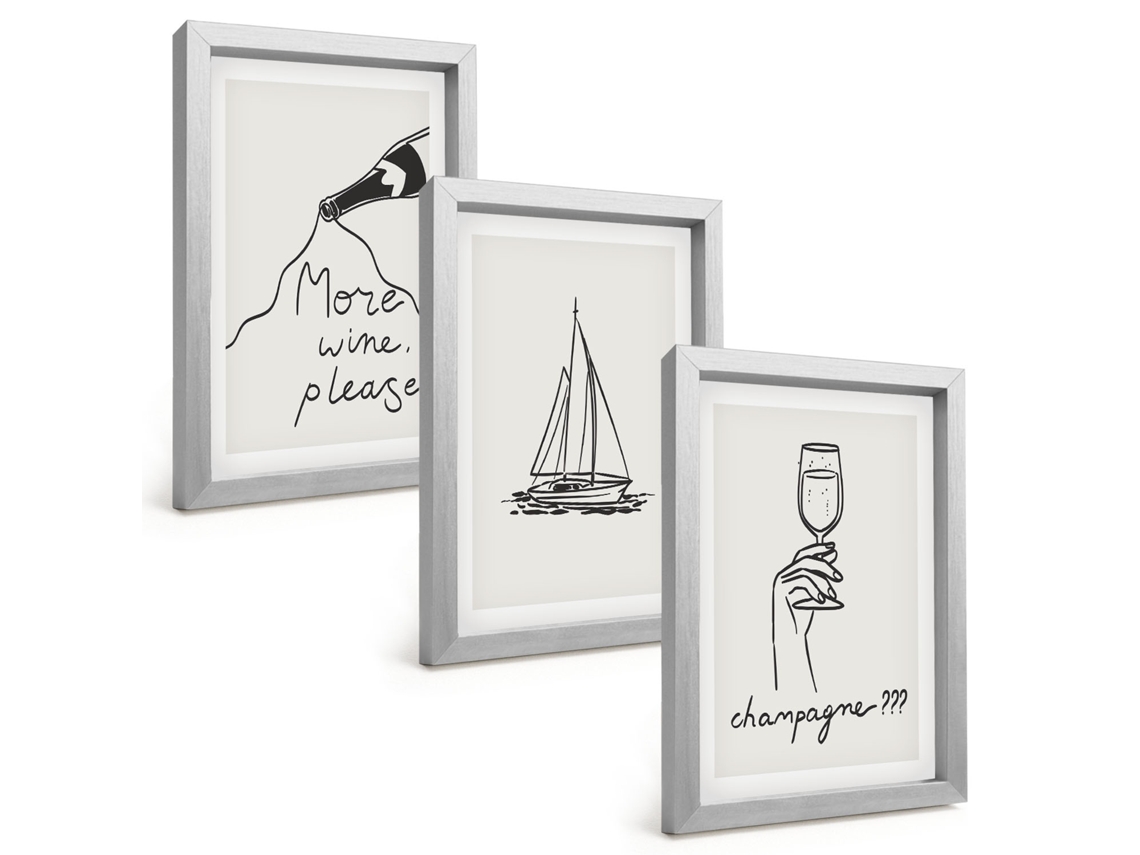 Composição De Quadros Arte Linear Com Taça De Vinho E Veleiro Espelharte (3 Peças 20x30 Cm)