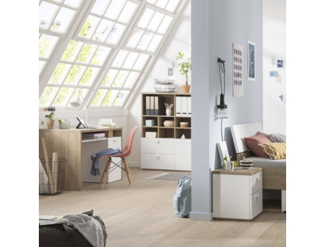 Estante moderna em madeira e lacado branco com compartimentos abertos e gavetas de correr para sala e escritório Aurora